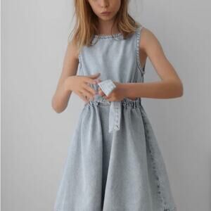 Zara Girls Acid Denim Dress Blue Size 9 with Tie & Slits